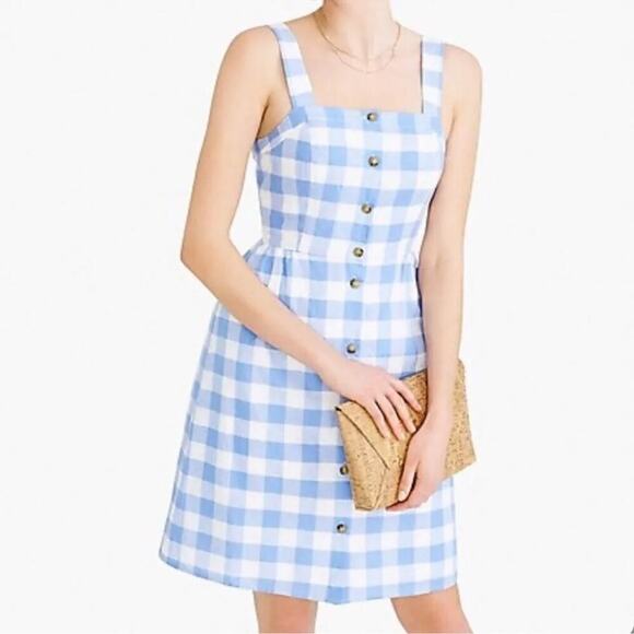 J. Crew Factory Gingham Plaid Button Front Linen Sun Dress Blue White Size XS/2 - Picture 1 of 8